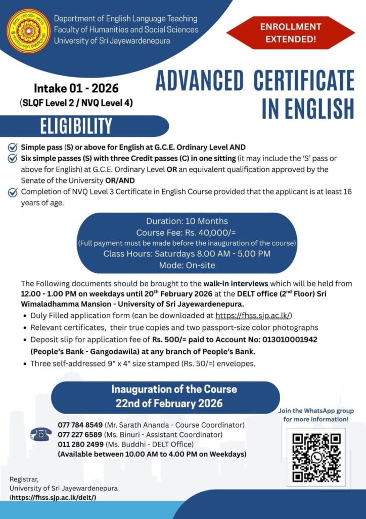 Advanced Certificate in English – Enrolment Extended